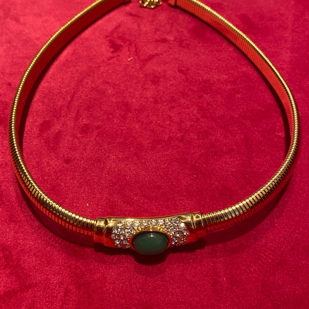 18k Gold Plated with Faux Jade Cabochon 80’s Inspired Statement Necklace